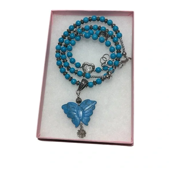 Turquoise Handcrafted Beaded Butterfly Pendant Necklace & Bracelet Set - Picture 5 of 6
